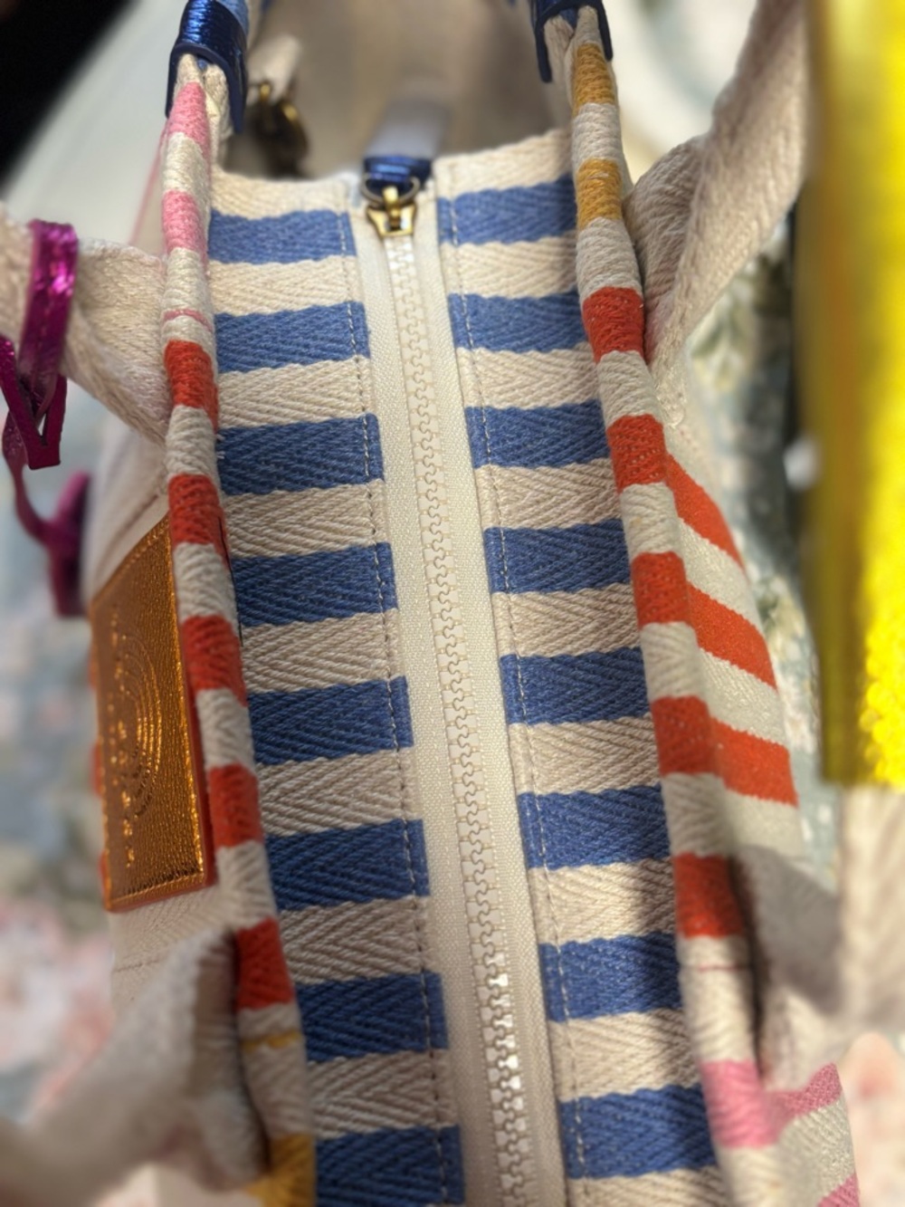 Kurt Geiger Striped Canvas Tote in Pink, Orange, Yellow & Green - Picture 8 of 16